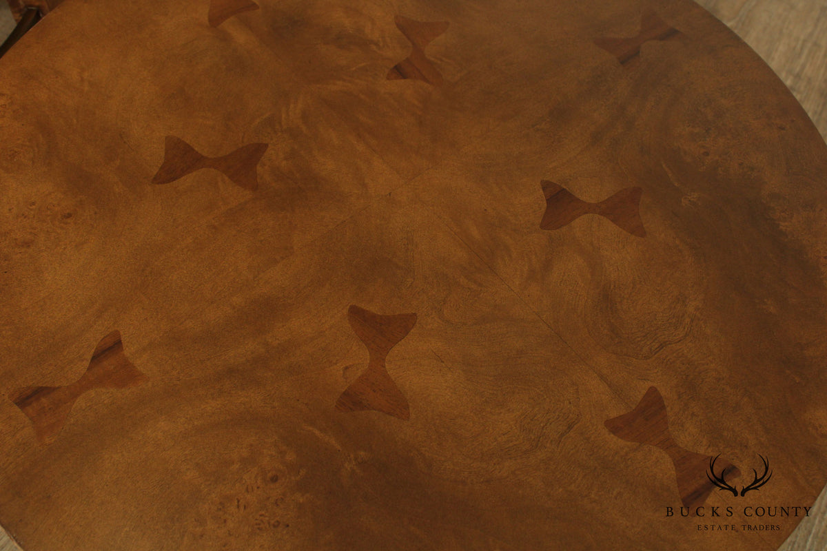 Mid Century Modern Pair Round Burl Wood and Brass Bow Tie Inlaid Side Tables