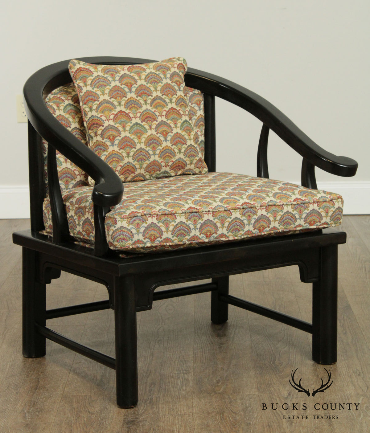 Mid Century Vintage Black Lacquered Asian Inspired Curved Back Armchairs