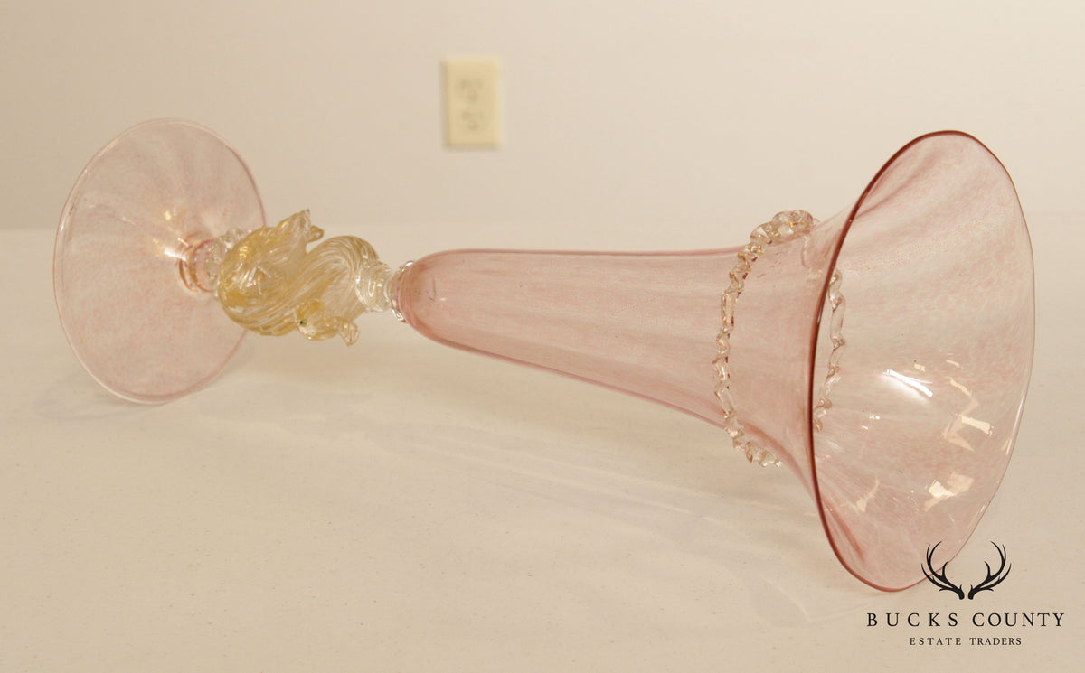 Antique Pair Hand Blown Venetian Salviati Glass Trompet Vases with Swans