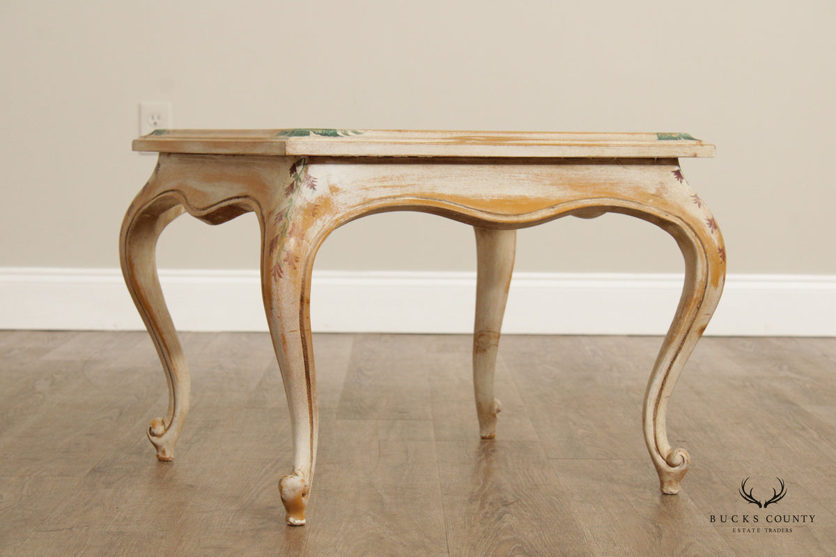 French Style Pair Paint Decorated Glass Top End Tables
