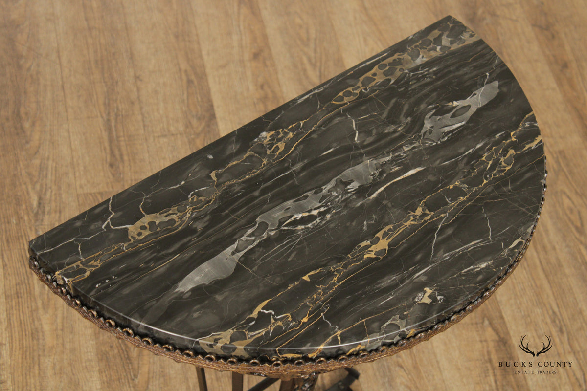1920's Art Deco Marble Top Wrought Iron Demilune Console Table
