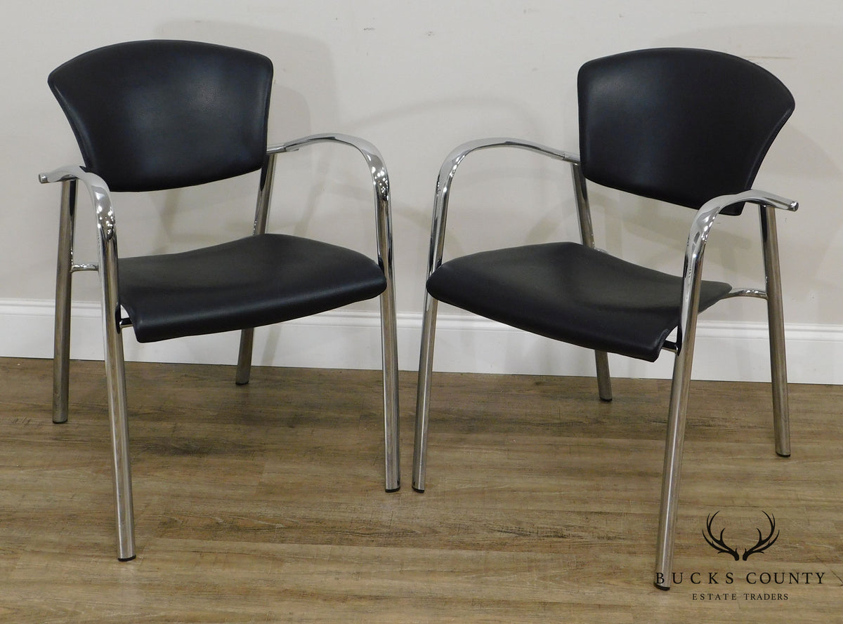 Brayton International Collection Steelcase Pair Chrome & Black Leatherette Armchairs