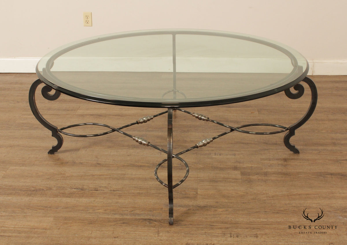 Tuscan Style 60-Inch Round Glass Top Wrought Iron Coffee Table