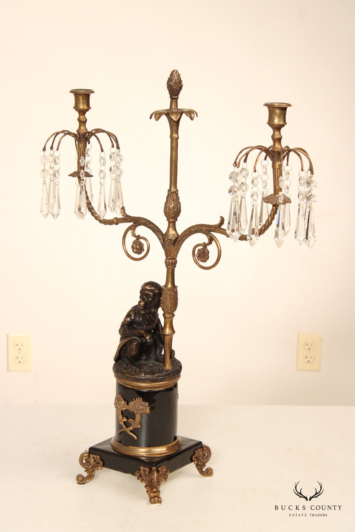 Castilian Imports Regency Style Pair of Figural Bronze Monkey Candelabra