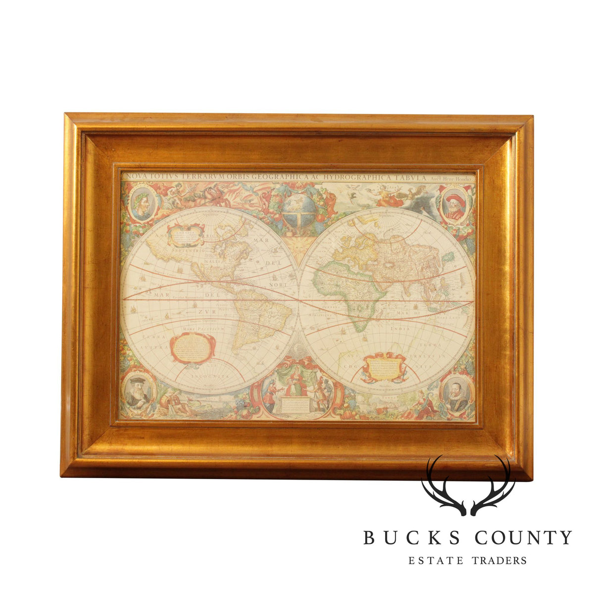 Henricus Hondius Reproduction World Map, 1630 in Giltwood Frame