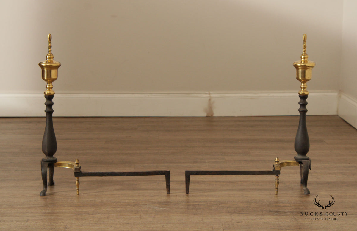 Federal Style Brass and Cast Iron Pair of Andirons