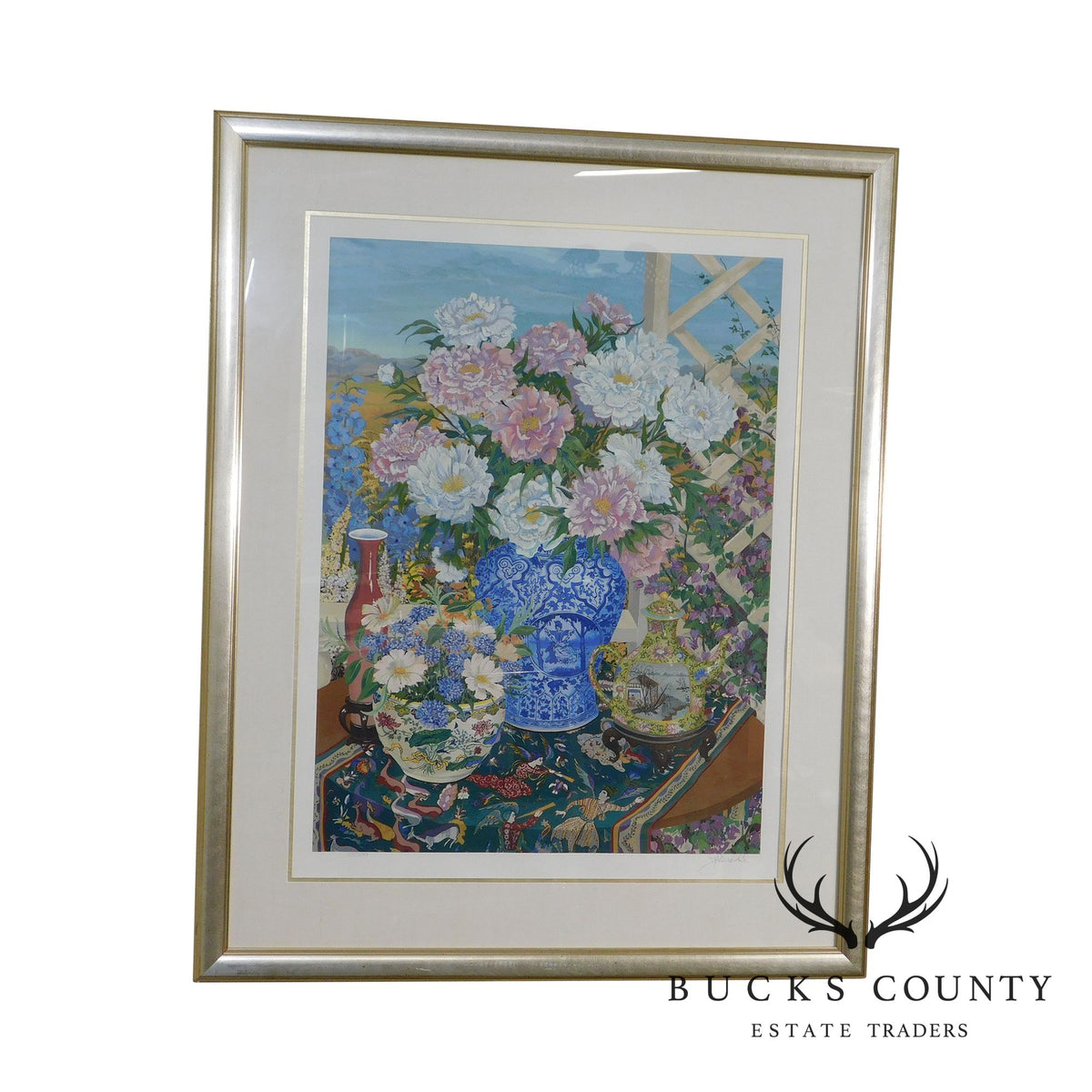 John Powell "Peonies" Original Serigraph Still Life Flowers & Porcelain