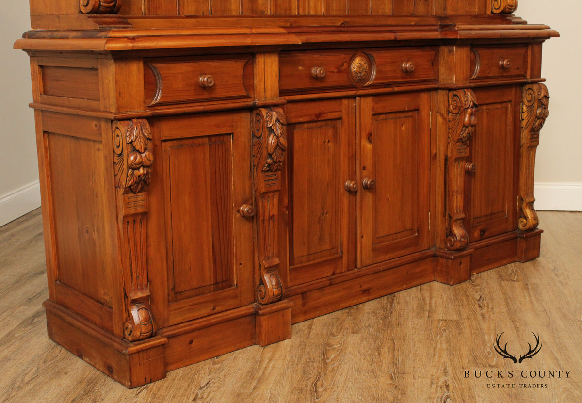 Large Custom Quality Carved Pine Step Back Hutch