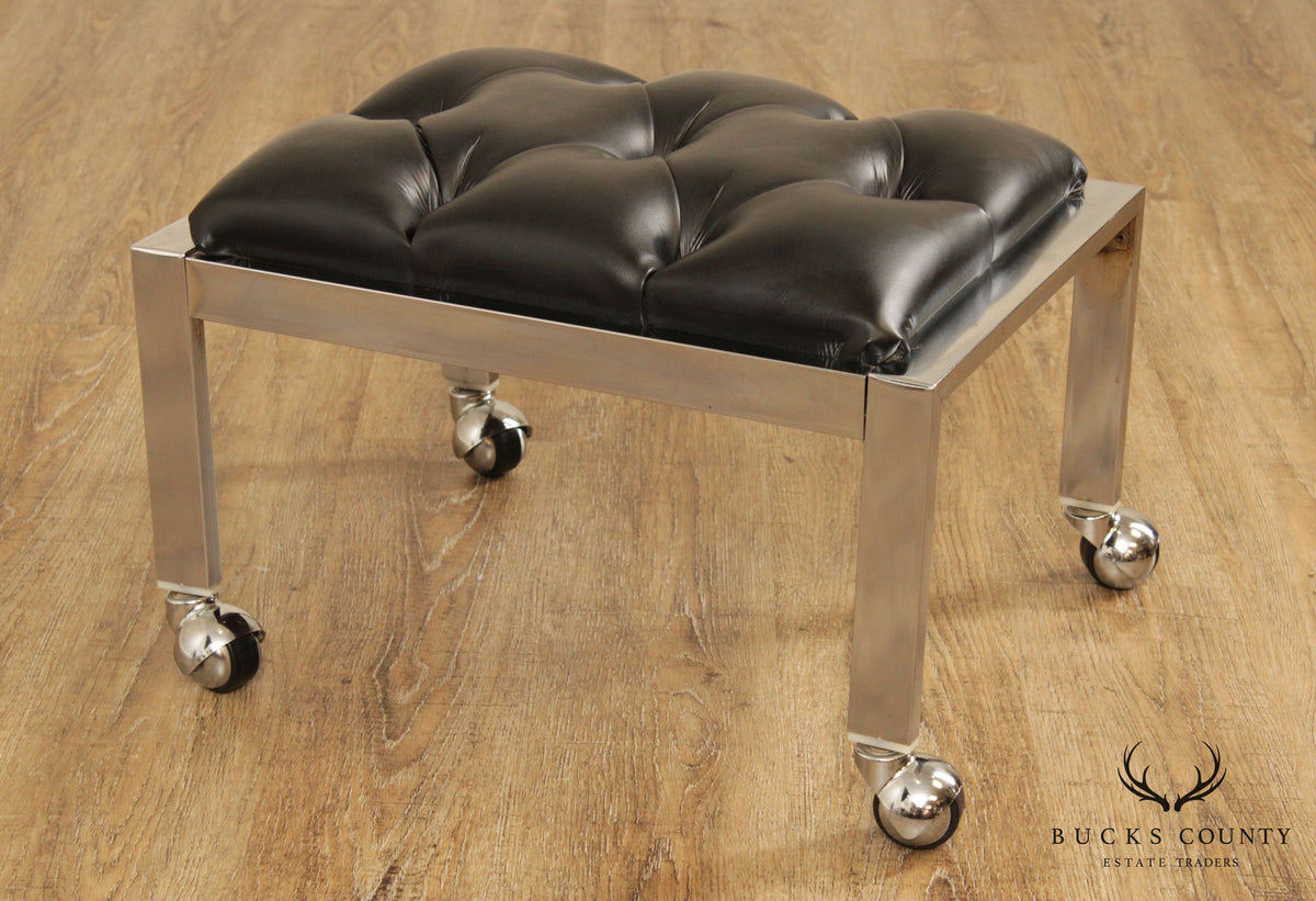 Vintage Modern Chrome & Black Vinyl Rolling Footstool