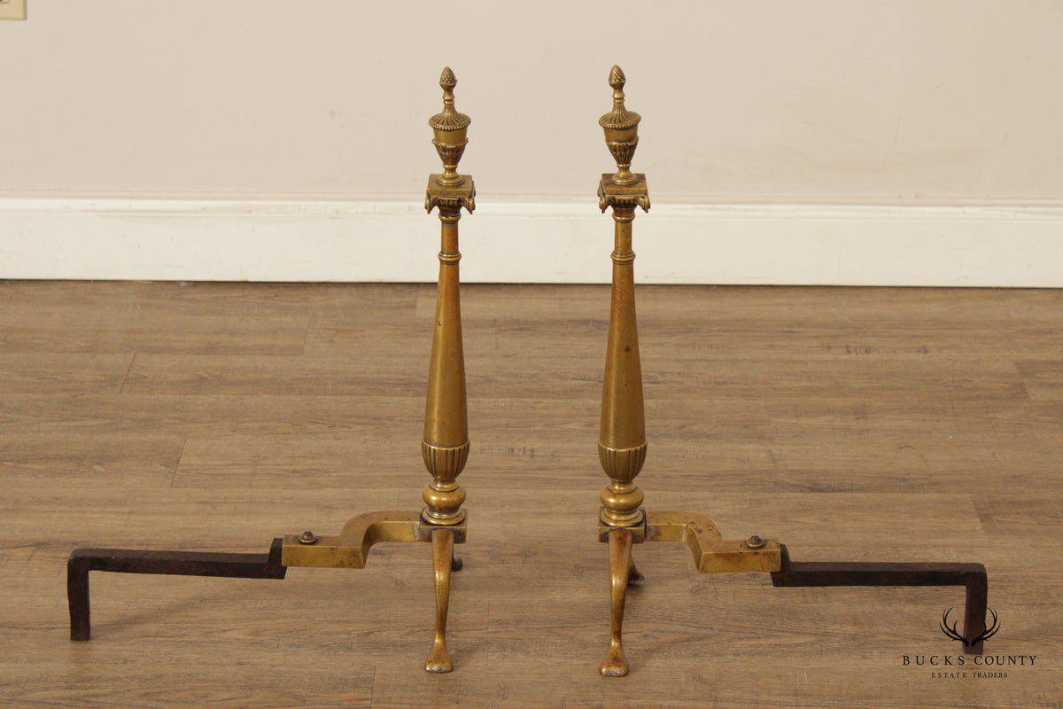 Federal Style Quality Pair of Brass Fireplace Andirons