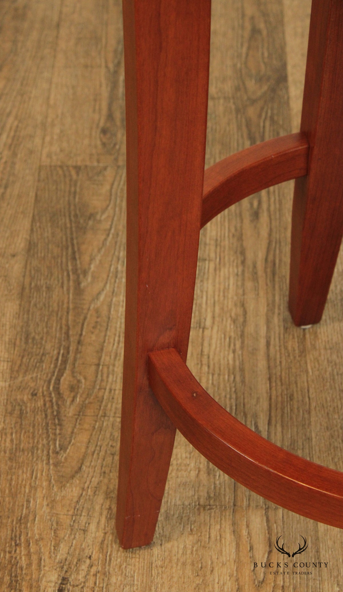 Zimmerman Chair Shop Pair of Leather Upholstered Cherry 'Milano' Swivel Bar Stools