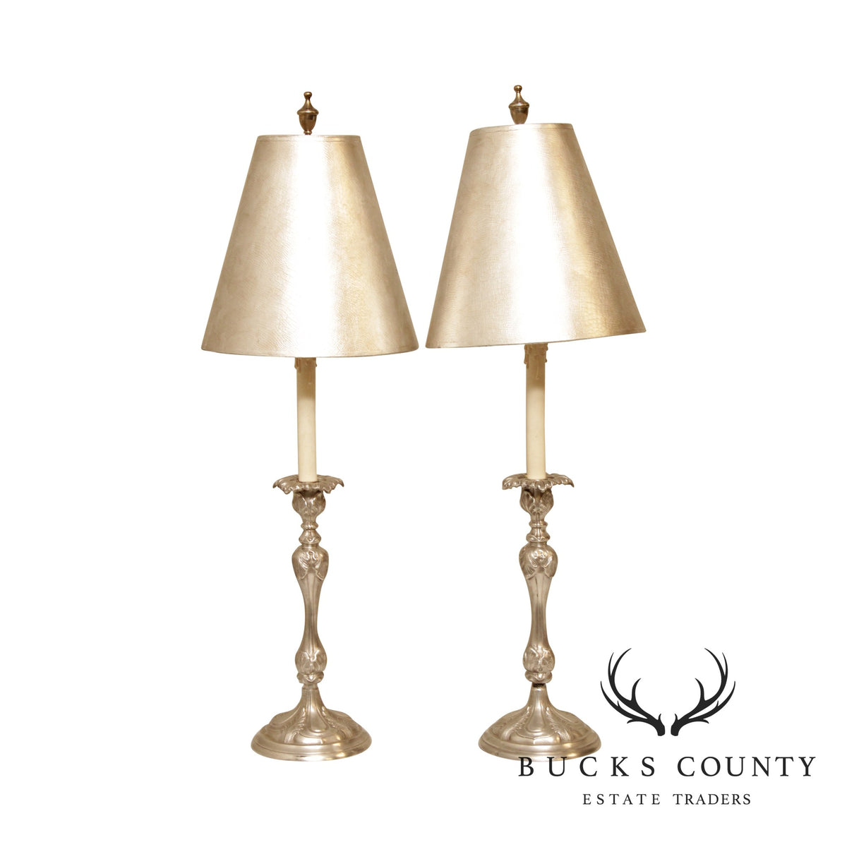 Rococo Style Pair Silvered Brass Candlestick Table Lamps