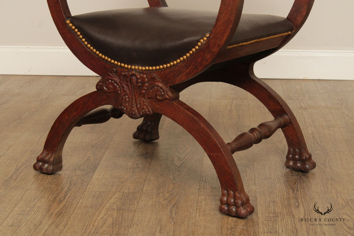 Antique Renaissance Revival Oak Carved Savonarola Armchair