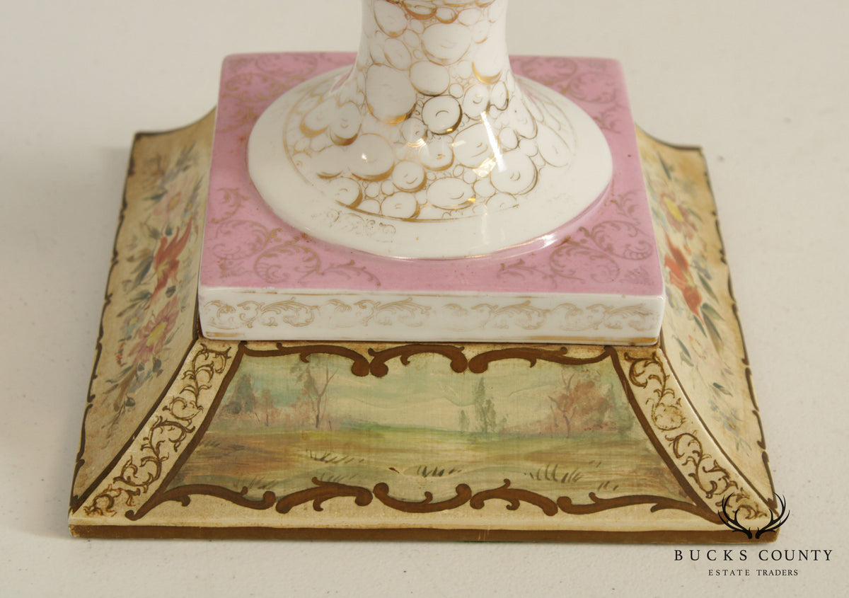 Louis XVI Style Hand Painted Porcelain Urn Form Pair Table Lamps