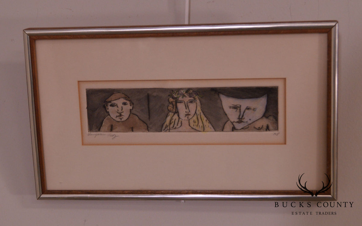 Benjamin Levy Mid Century Modern Framed Etching "Bride & Groom"