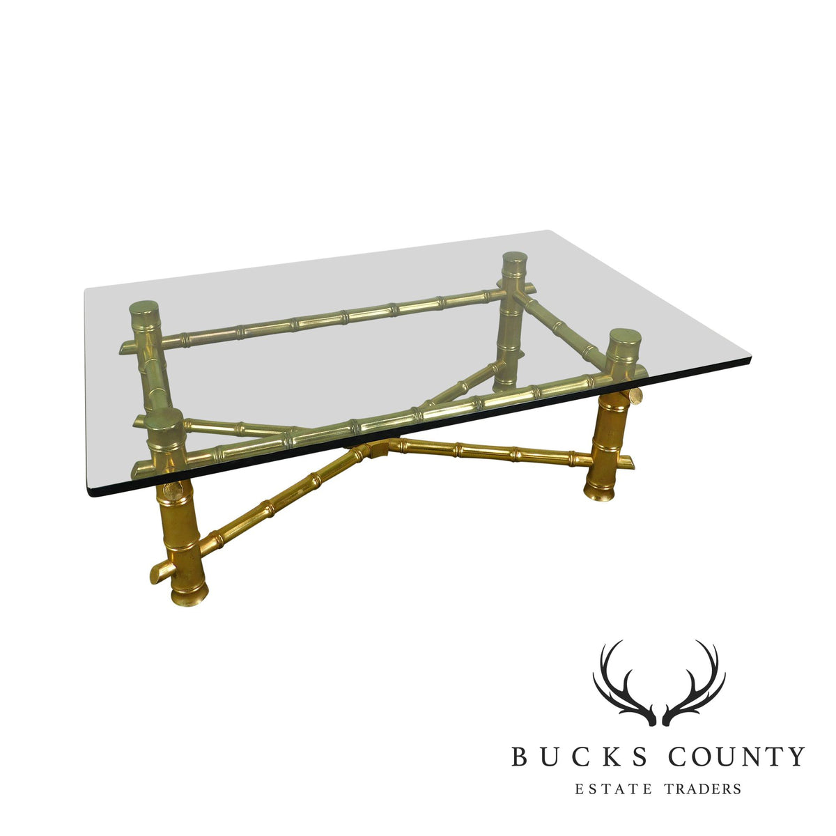 Hollywood Regency Faux Bamboo Gold Gilt Wood Glass Top Coffee Table