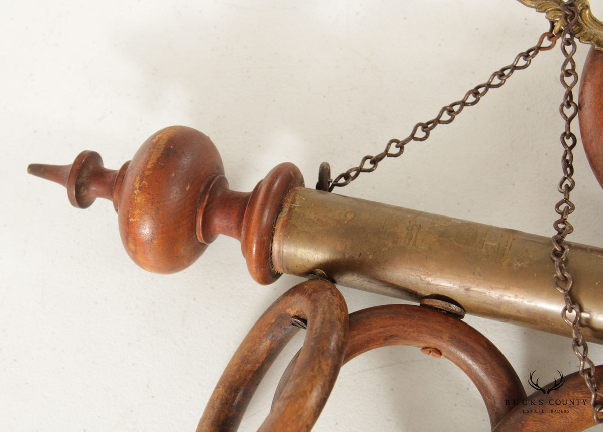 Antique Victorian Wood Rings and Brass Hanging Towel Rack