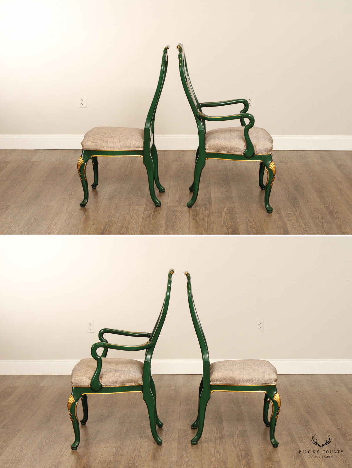 KARGES ROCOCO STYLE GREEN AND GOLD SET OF 12 DINING CHAIRS