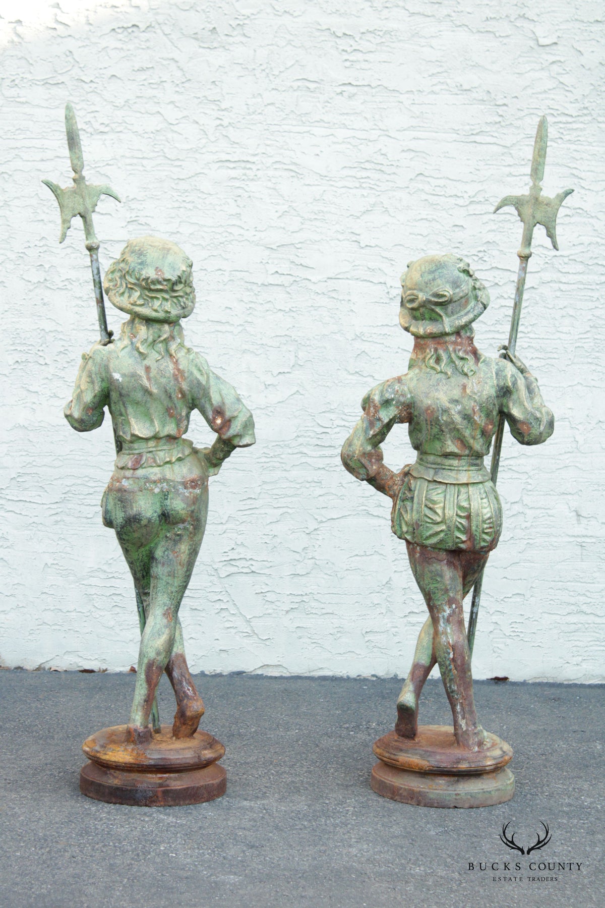 French Renaissance Style Pair Verdigris Cast Iron Garden Statues