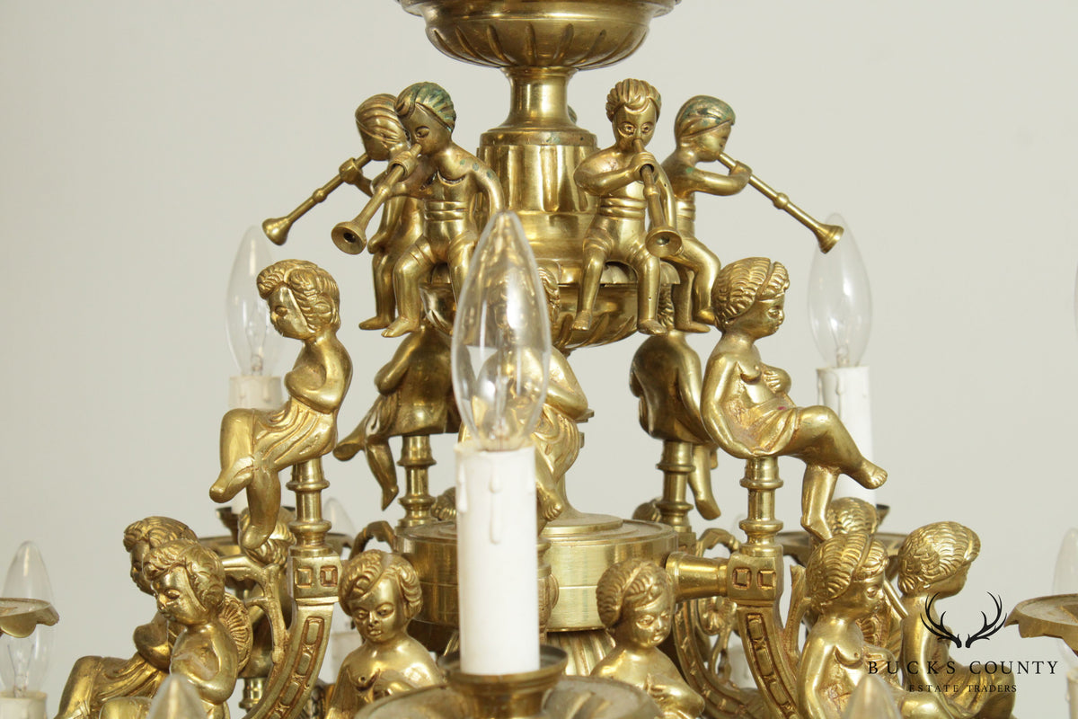 Vintage Rococo Style Heavy Brass Figural Putti Chandelier