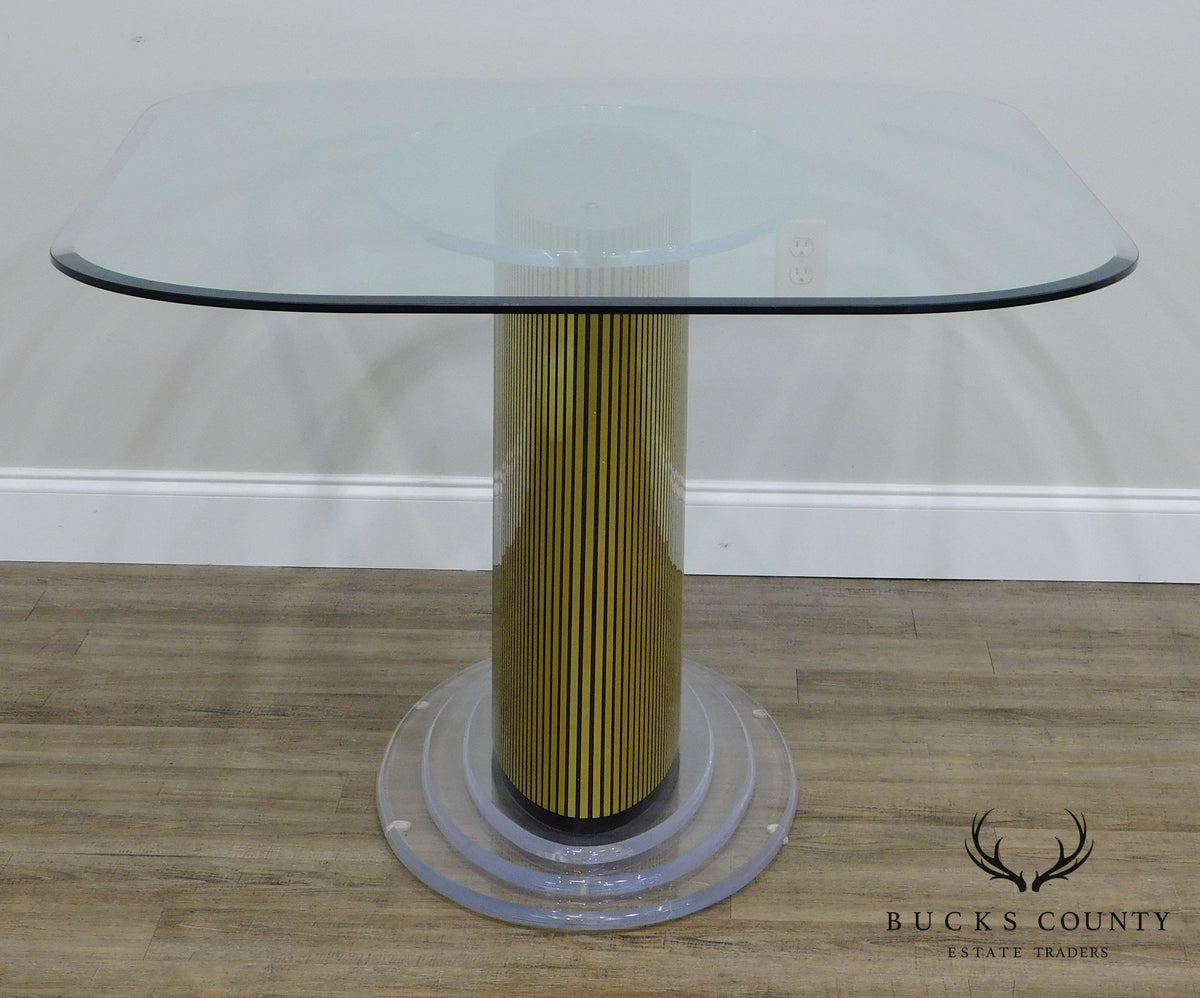 Mid Century Modern Lucite and Gold pedestal Base Glass Top Dining Table
