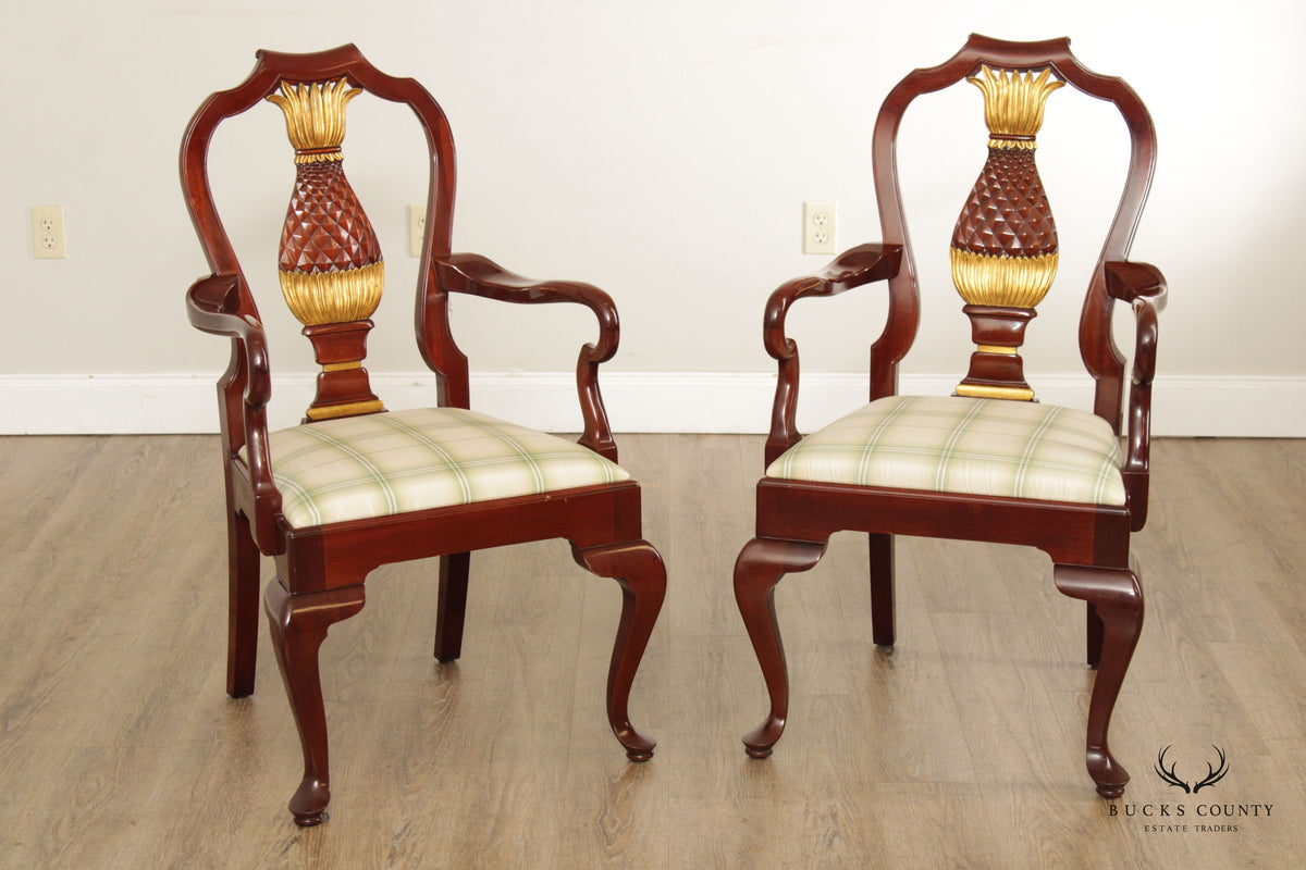 Kindel Pair Parcel Gilt Pineapple Carved Mahogany Armchairs