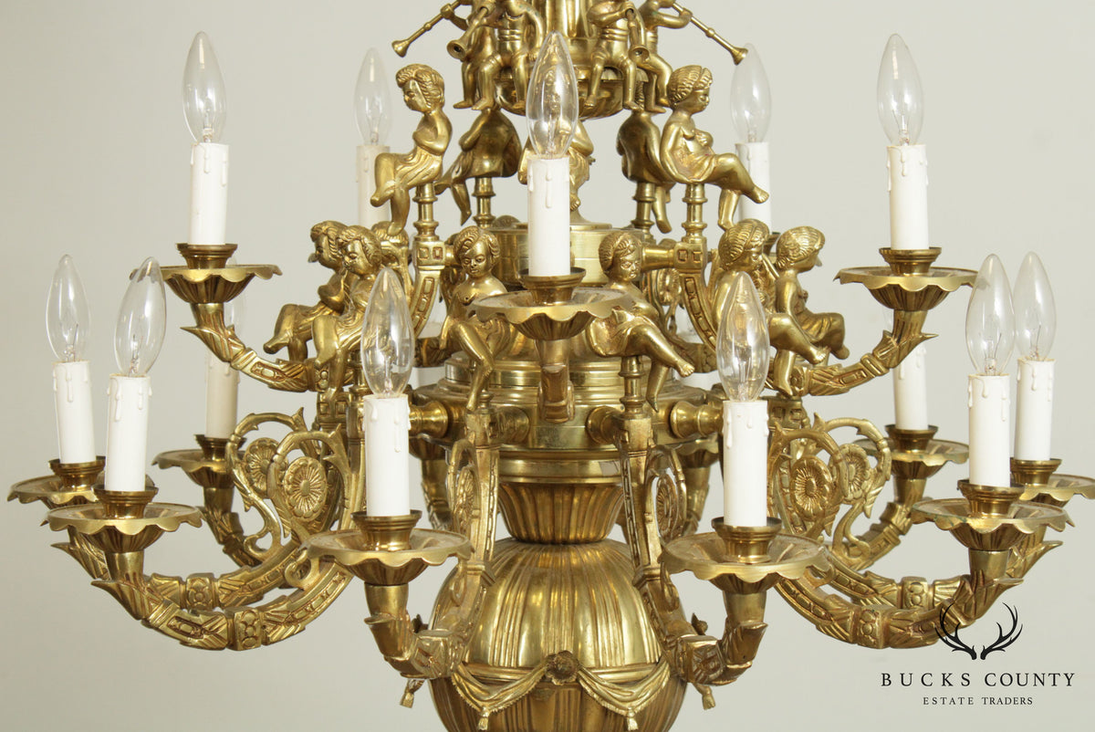 Vintage Rococo Style Heavy Brass Figural Putti Chandelier