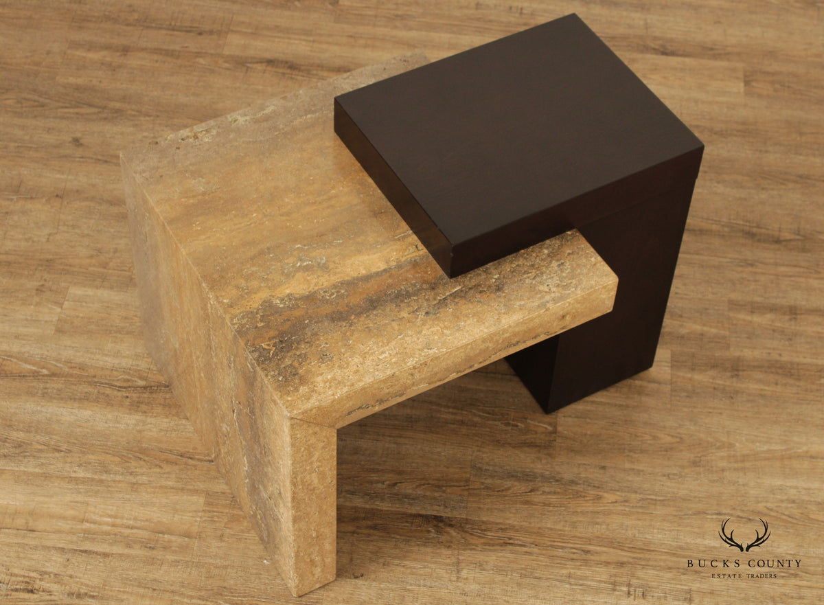 Italian Modern Travertine and Wenge Wood Side Table