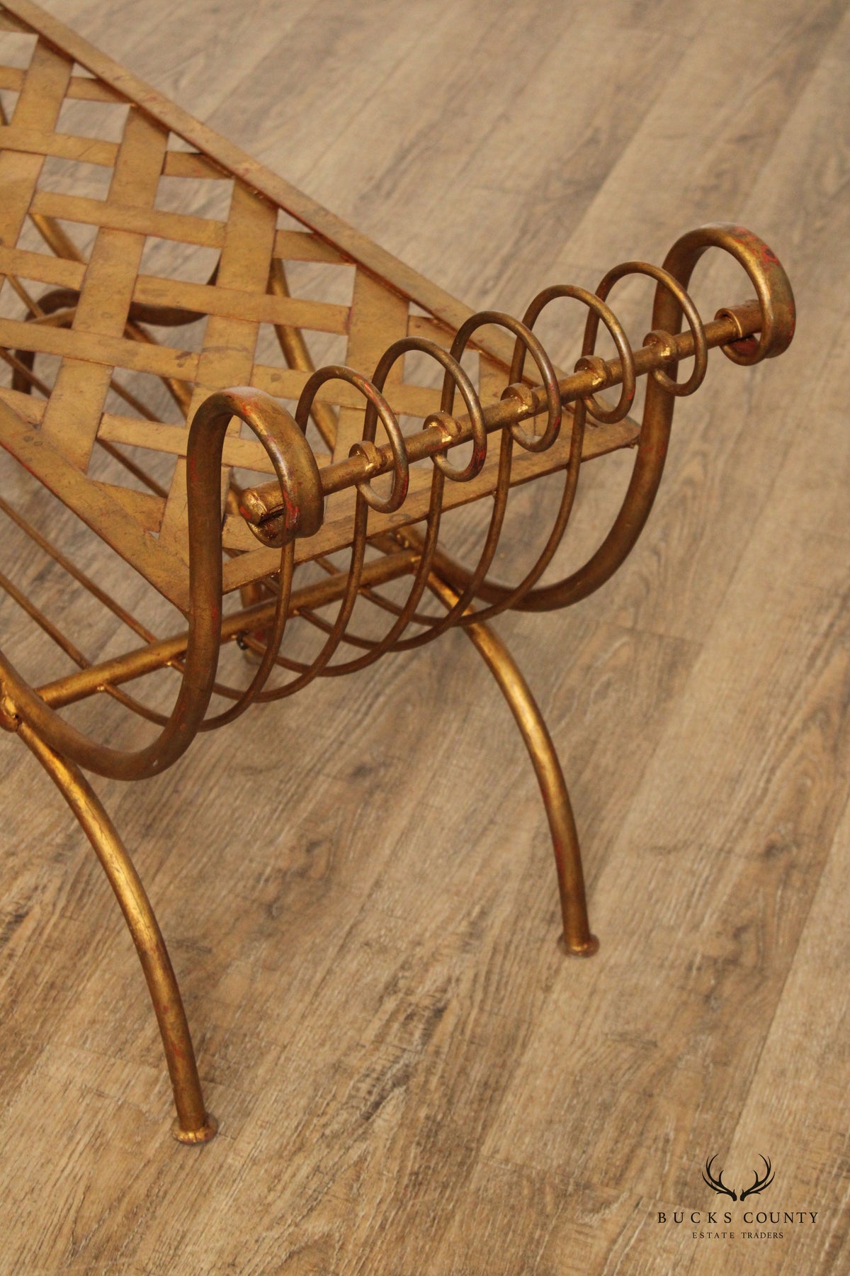 Italian Hollywood Regency Gilt Metal Scroll Arm Bench