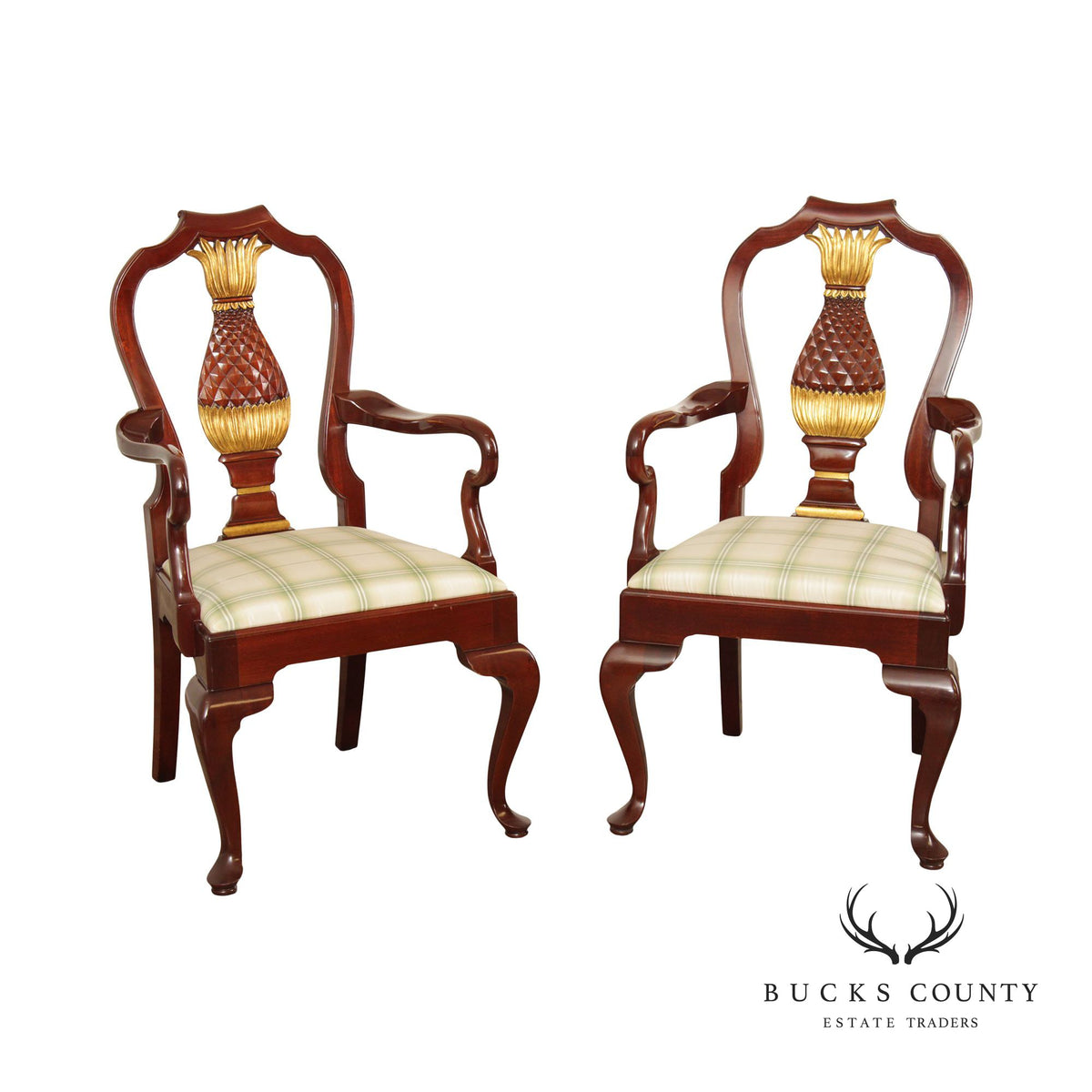 Kindel Pair Parcel Gilt Pineapple Carved Mahogany Armchairs