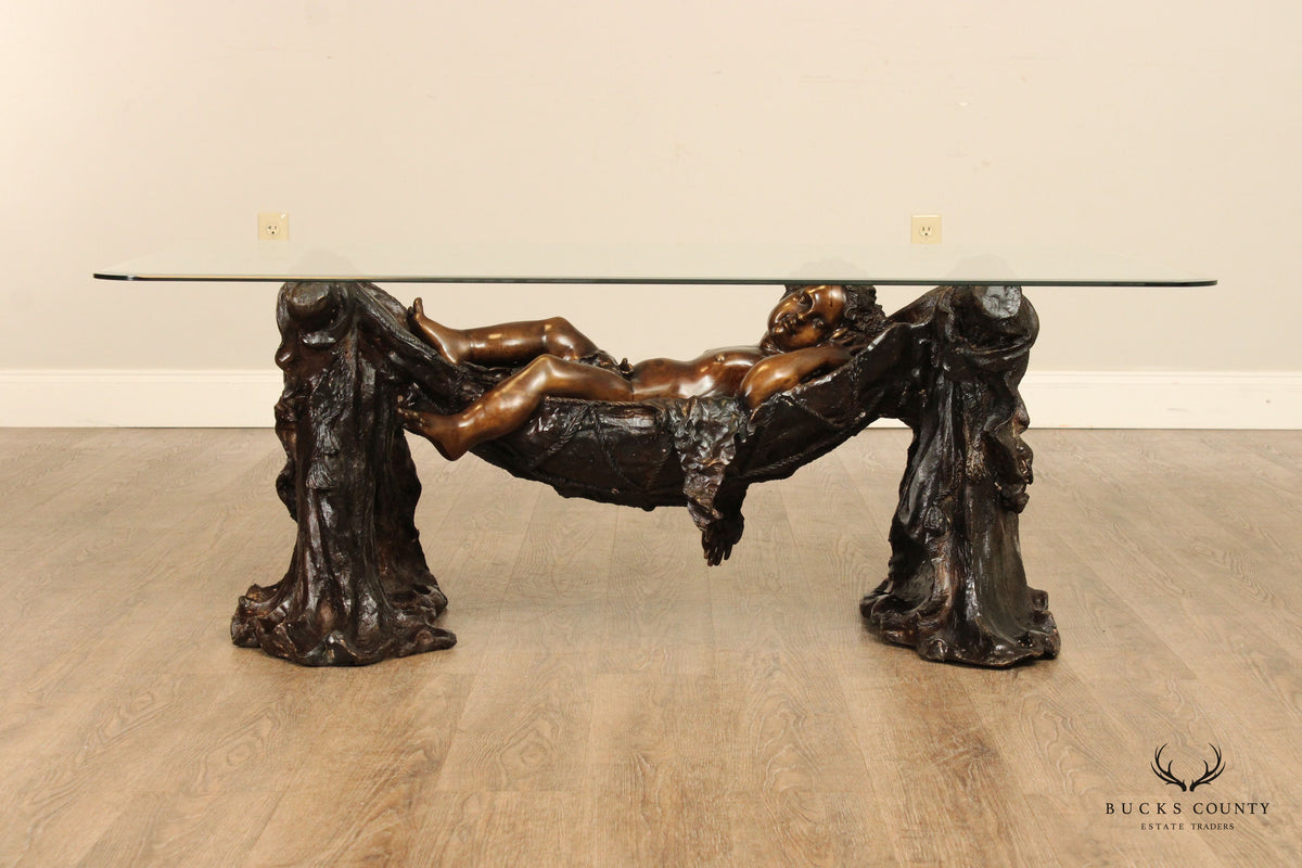 Classical Style Cast Bronze Sleeping Putti Glass Top Coffee Table