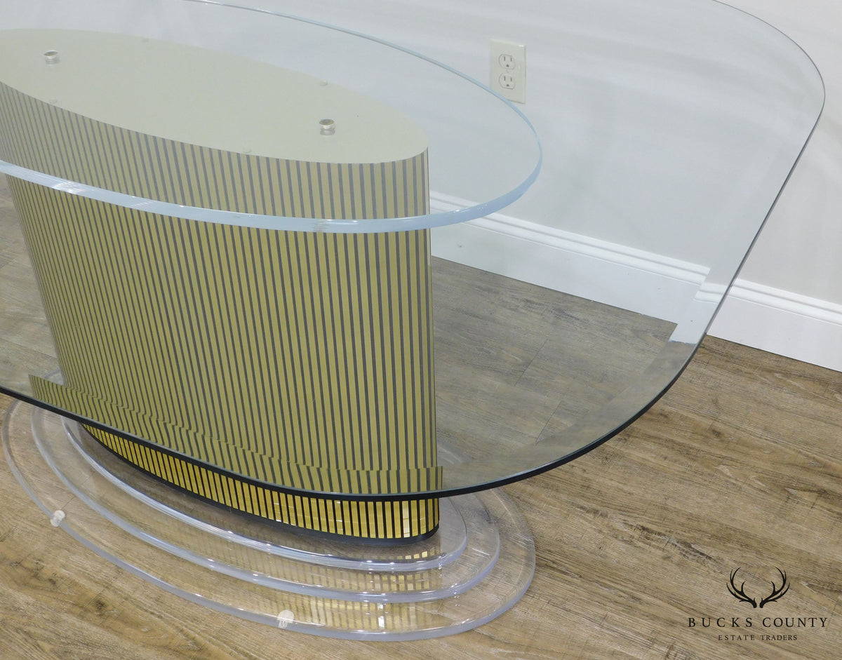 Mid Century Modern Lucite and Gold pedestal Base Glass Top Dining Table
