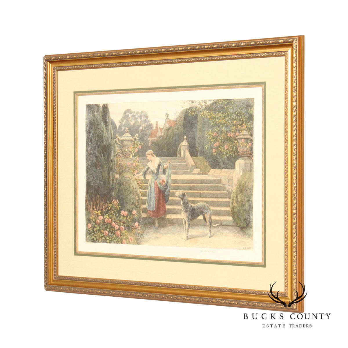 Herbert Dicksee 'The Old Garden' Etching, Custom Framed