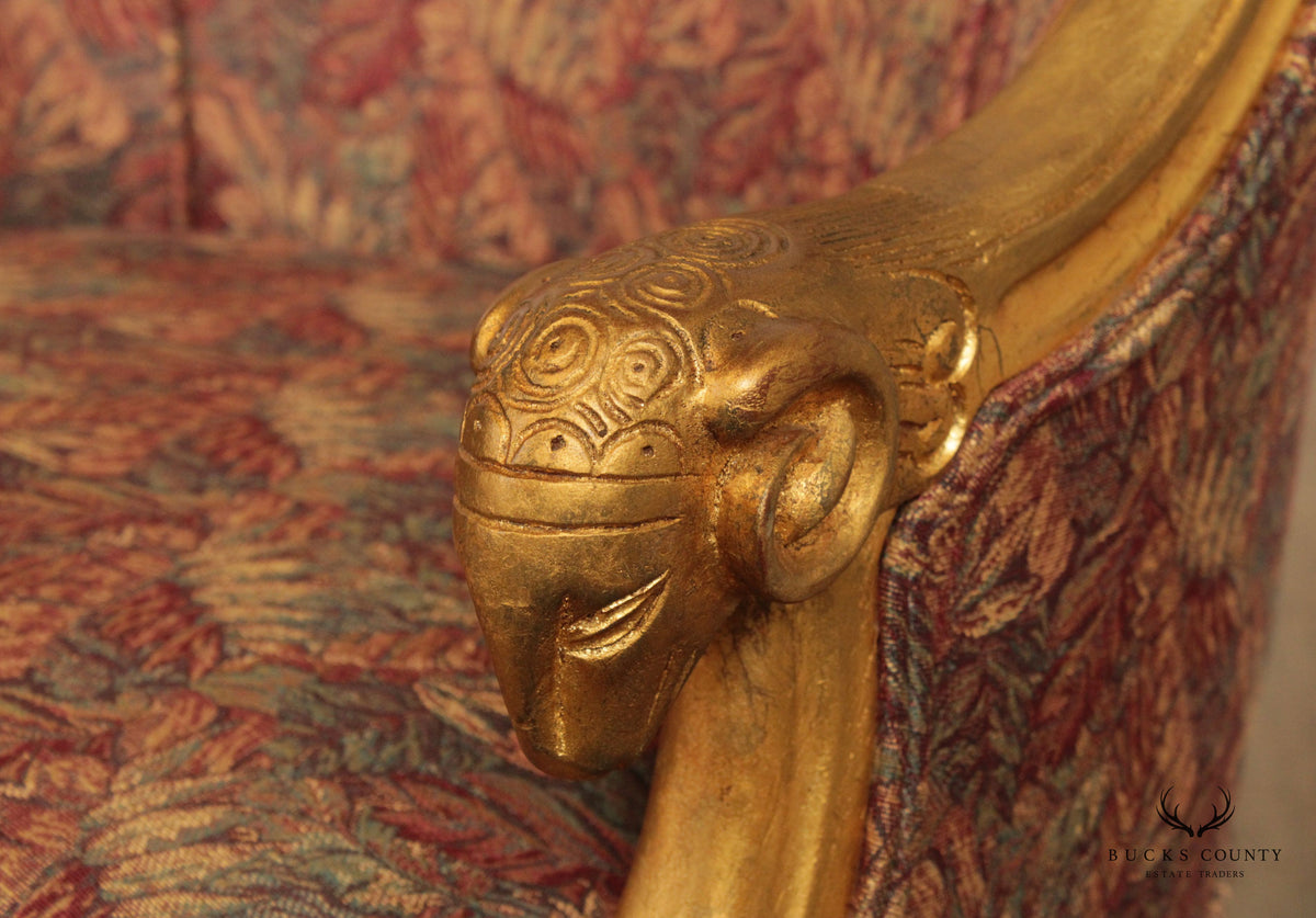 French Empire Style Gilt Rams Head Pair Barrel Club Chairs