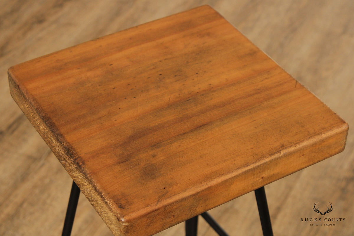 Industrial Midcentury Modern Style Wrought Iron & Wood Drafting or Bar Stool