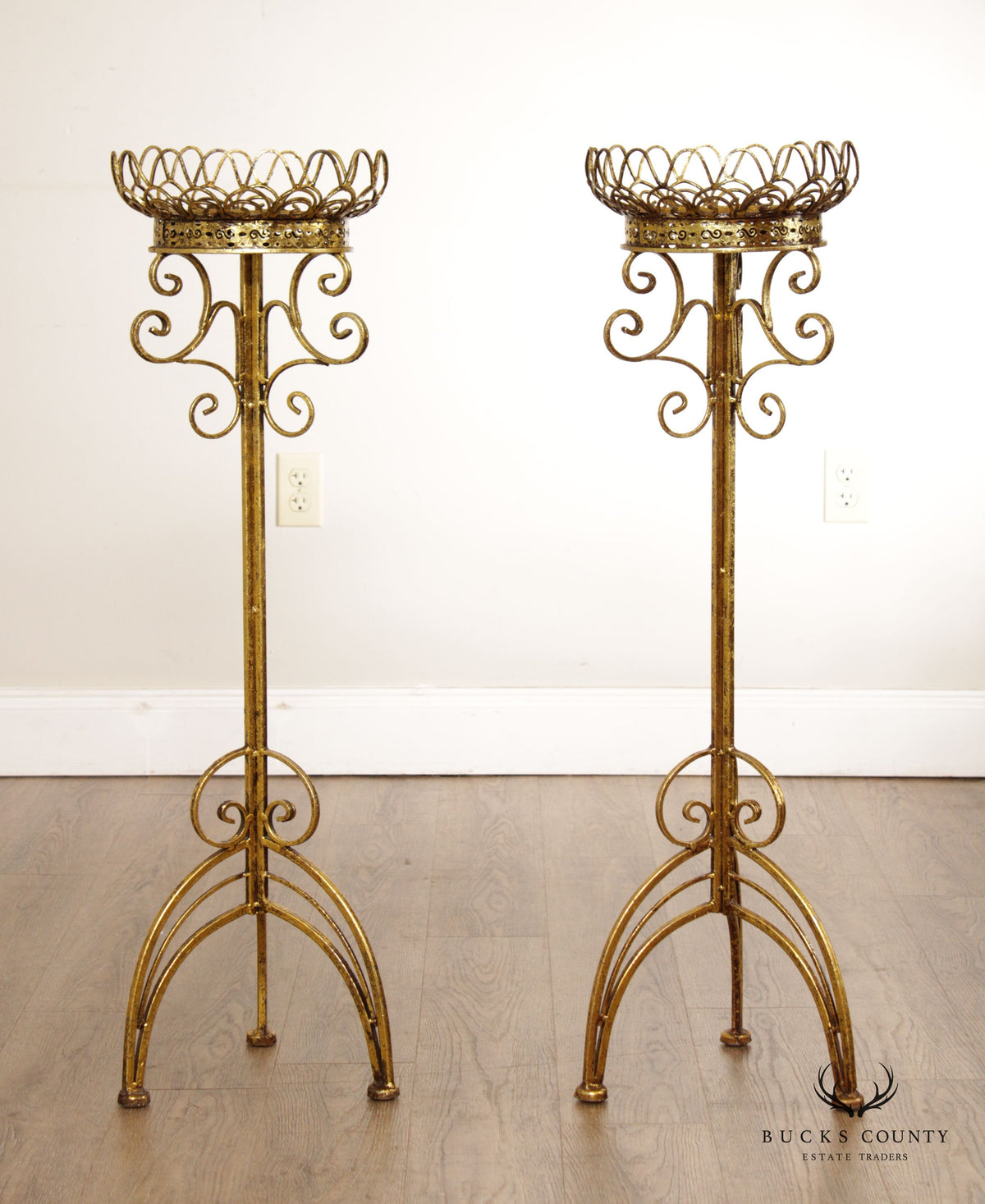 Hollywood Regency Pair Gilt Metal Scroll Candle Stands