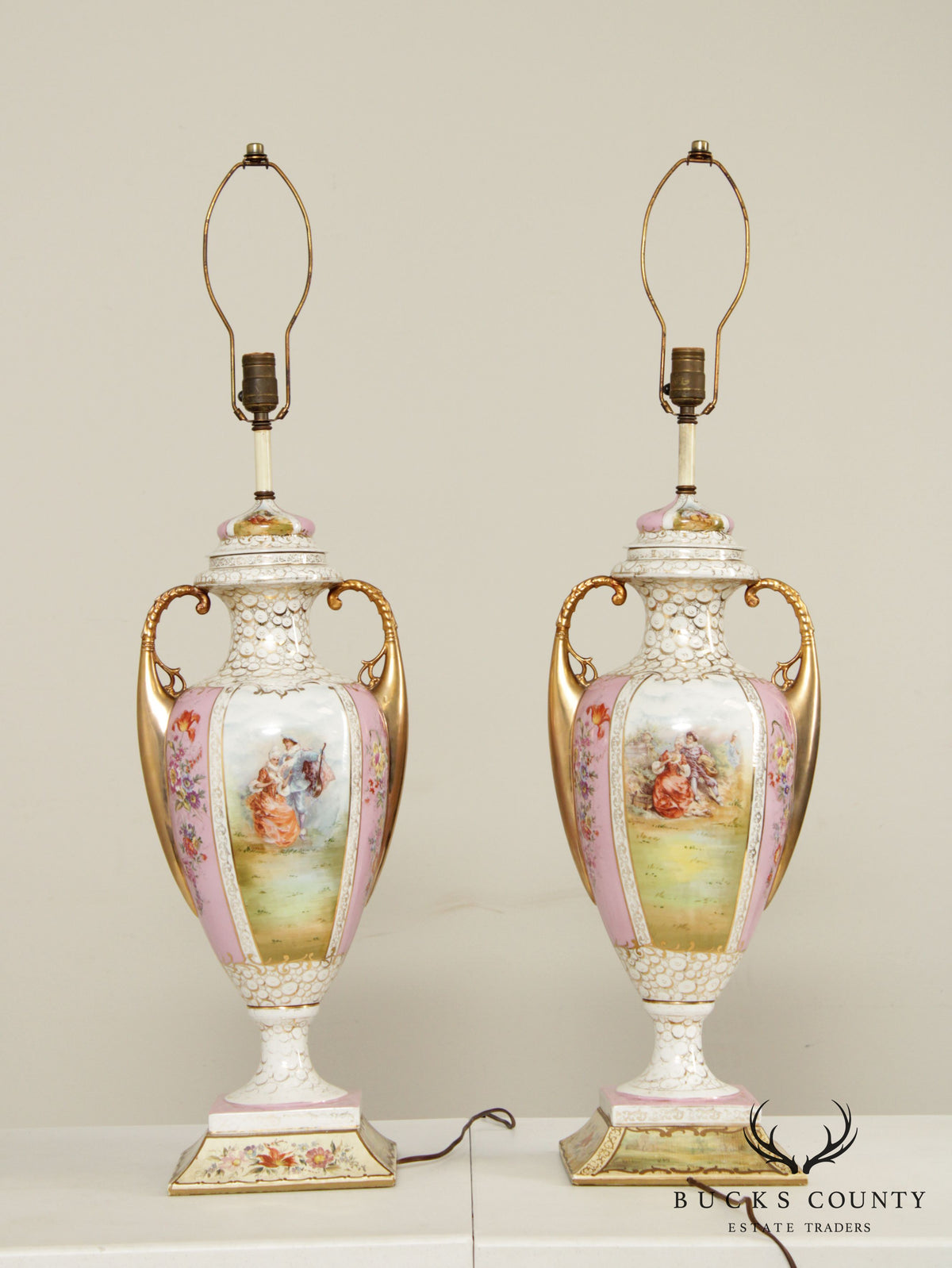 Louis XVI Style Hand Painted Porcelain Urn Form Pair Table Lamps