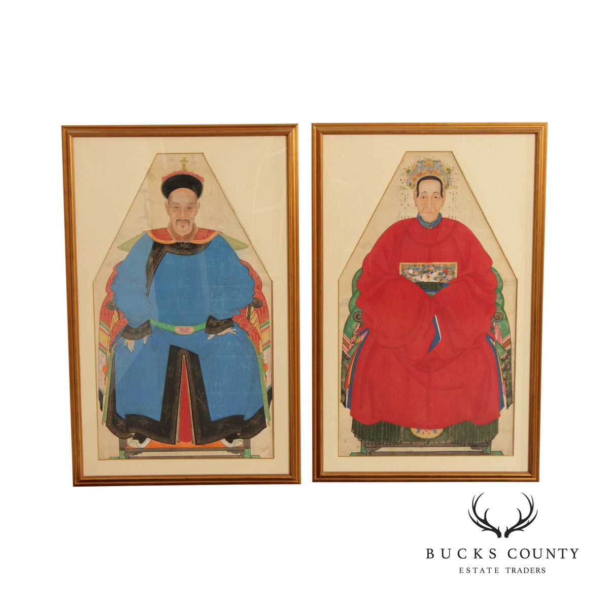 Antique Chineses Pair Ancestral Watercolor Portraits