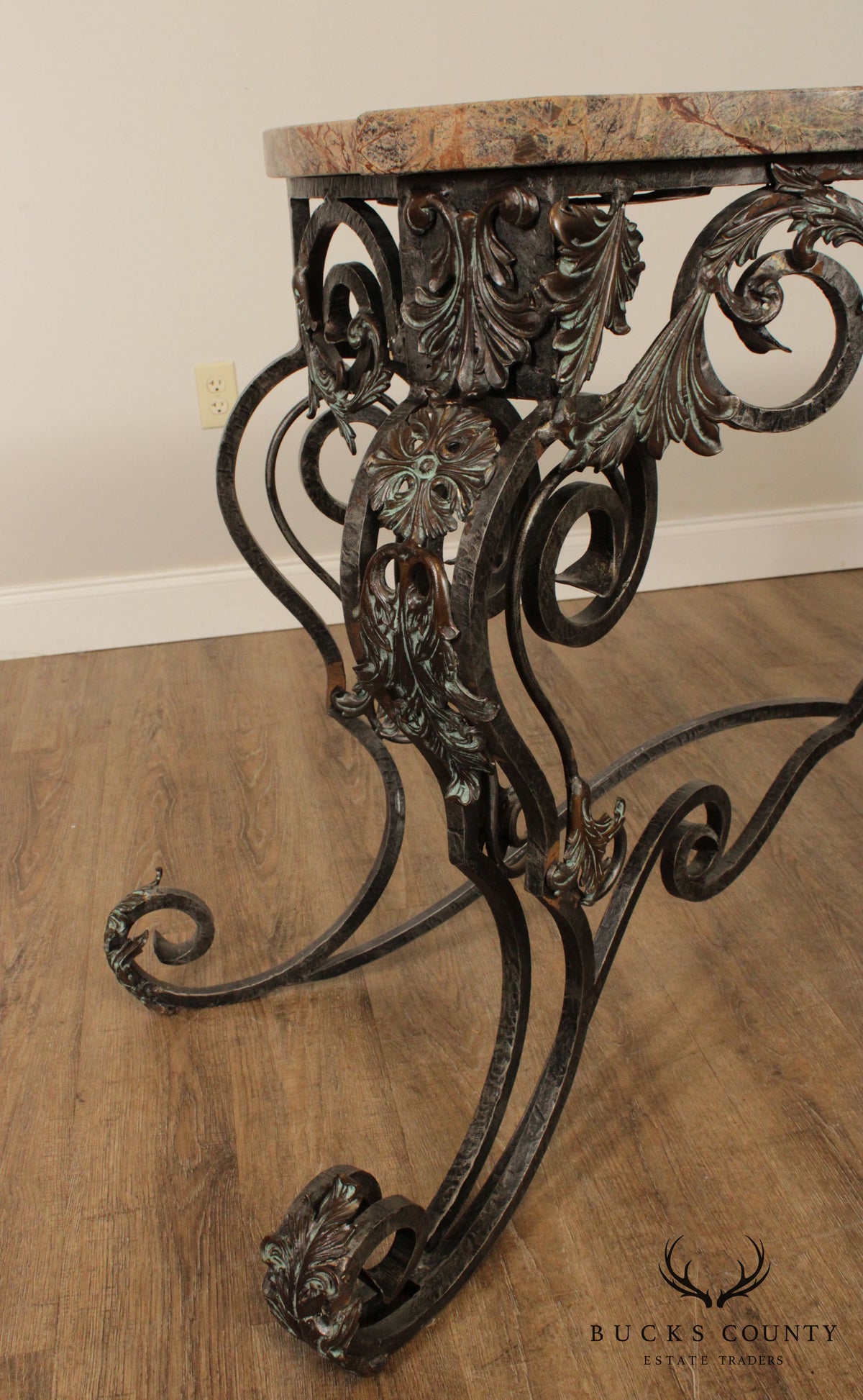 Maitland Smith Louis XIV Style Wrought Iron and Bronze Marble Top Console with Mirror