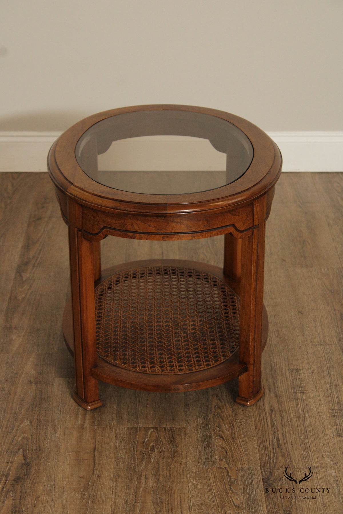 Asian Inspired Vintage Oval Two-Tier Glass Top End Table