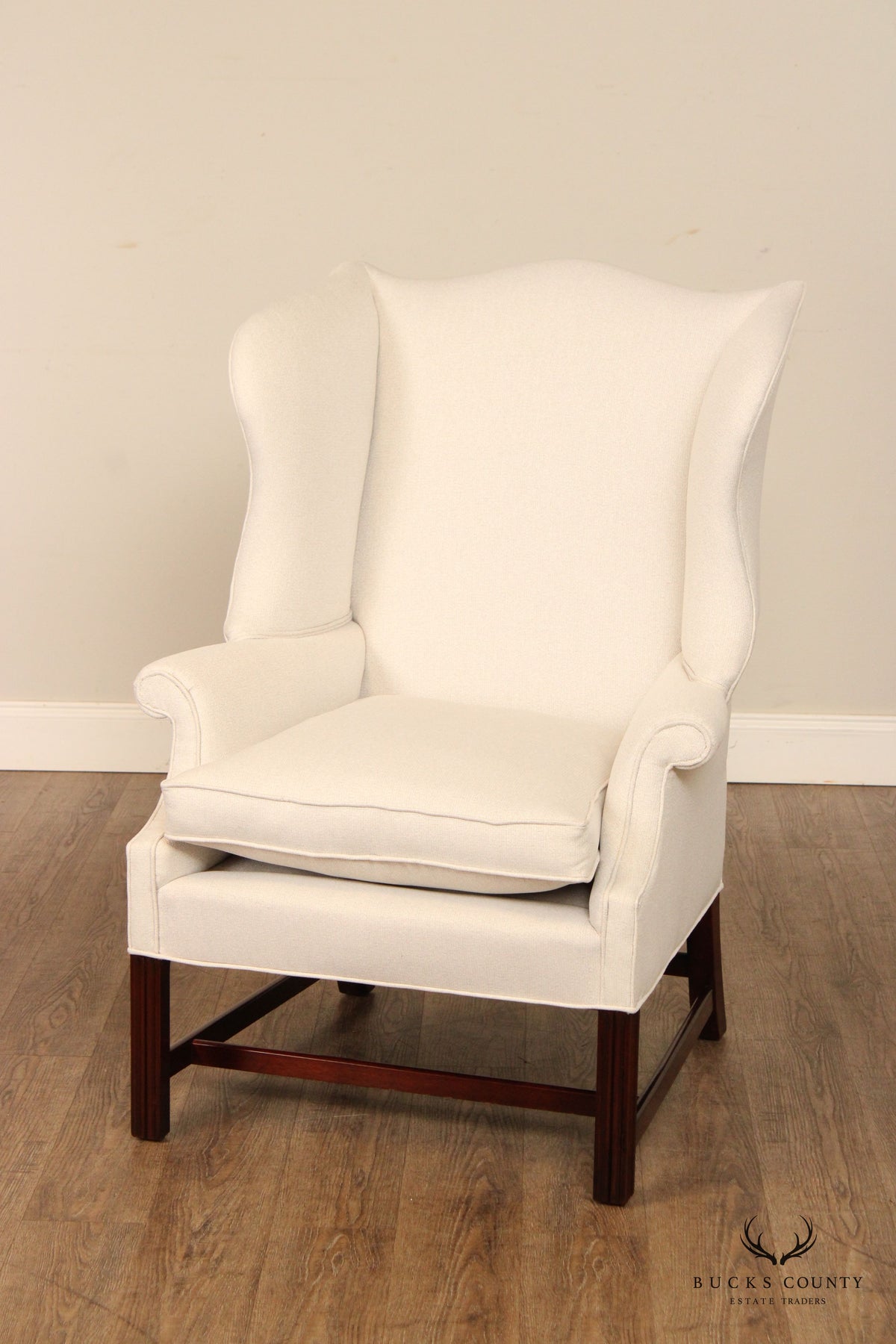 Saybolt Cleland Chippendale Style Pair Custom Upholstered Mahogany Wingback Chairs