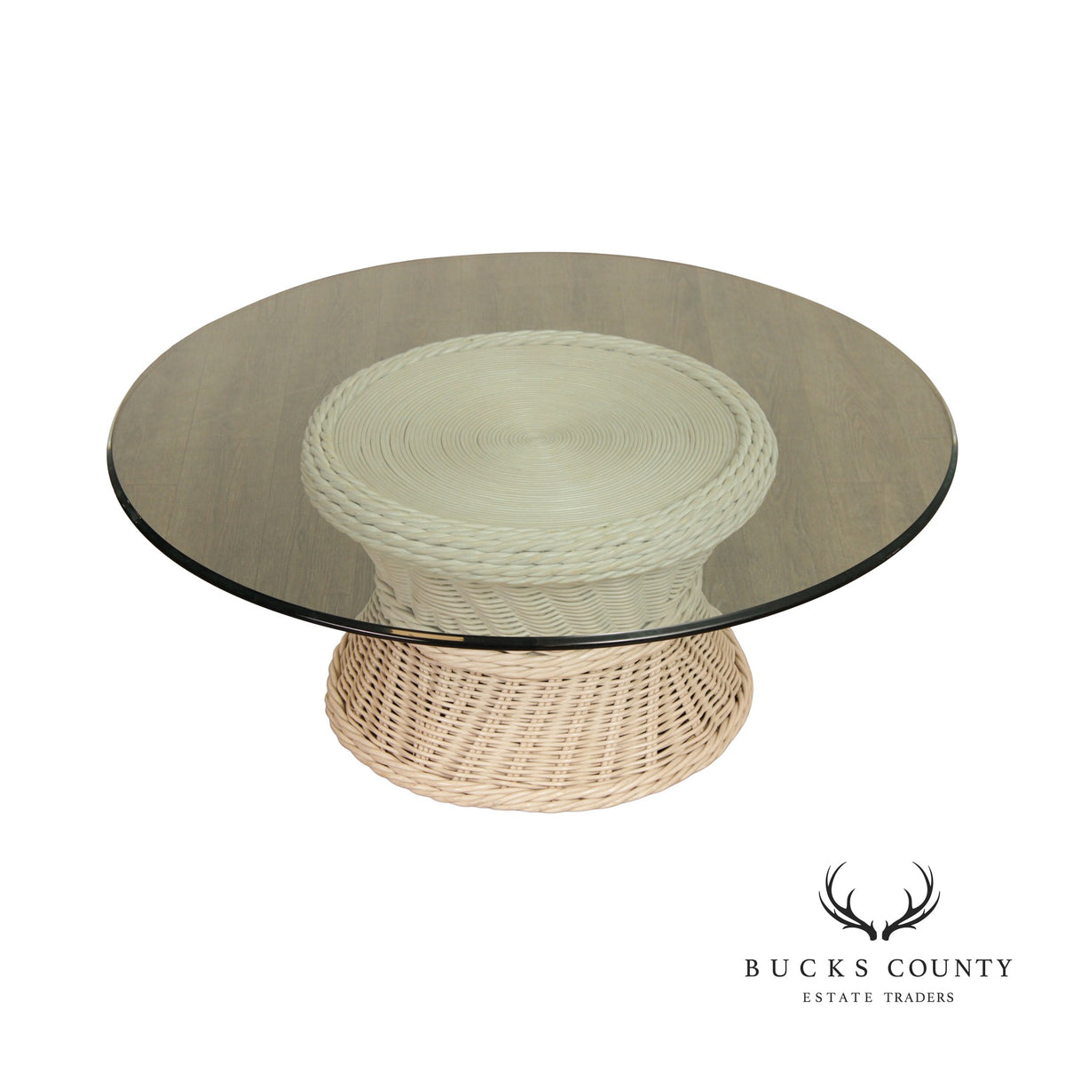 Vintage Round Wicker Rattan Glass Top Coffee Table