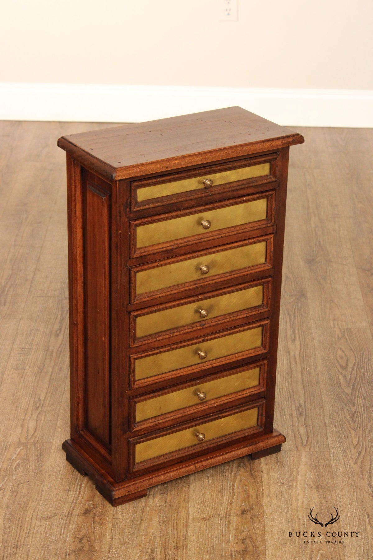 Vintage Italian Walnut And Brass Seven Drawer Accent Chest