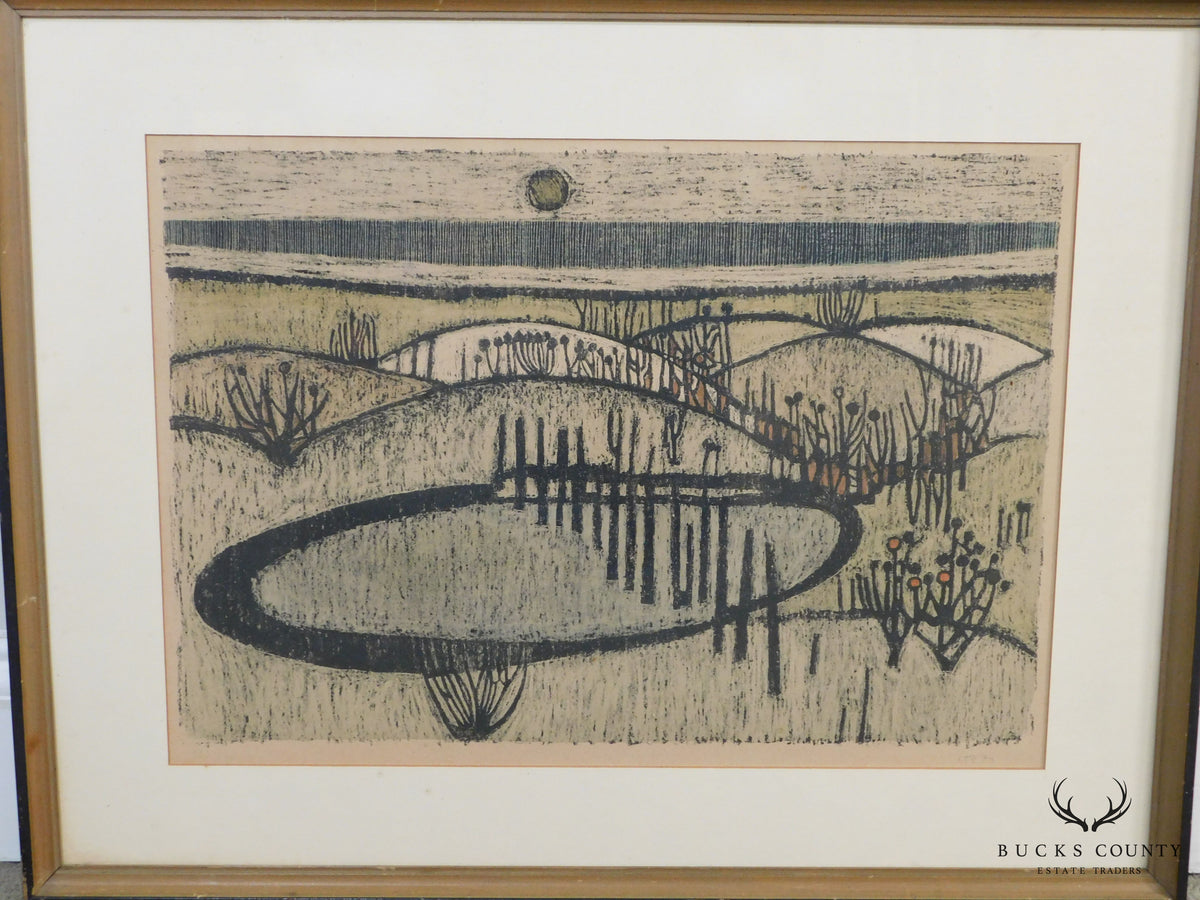 Mid Century Abstract Landscape Woodblock Print