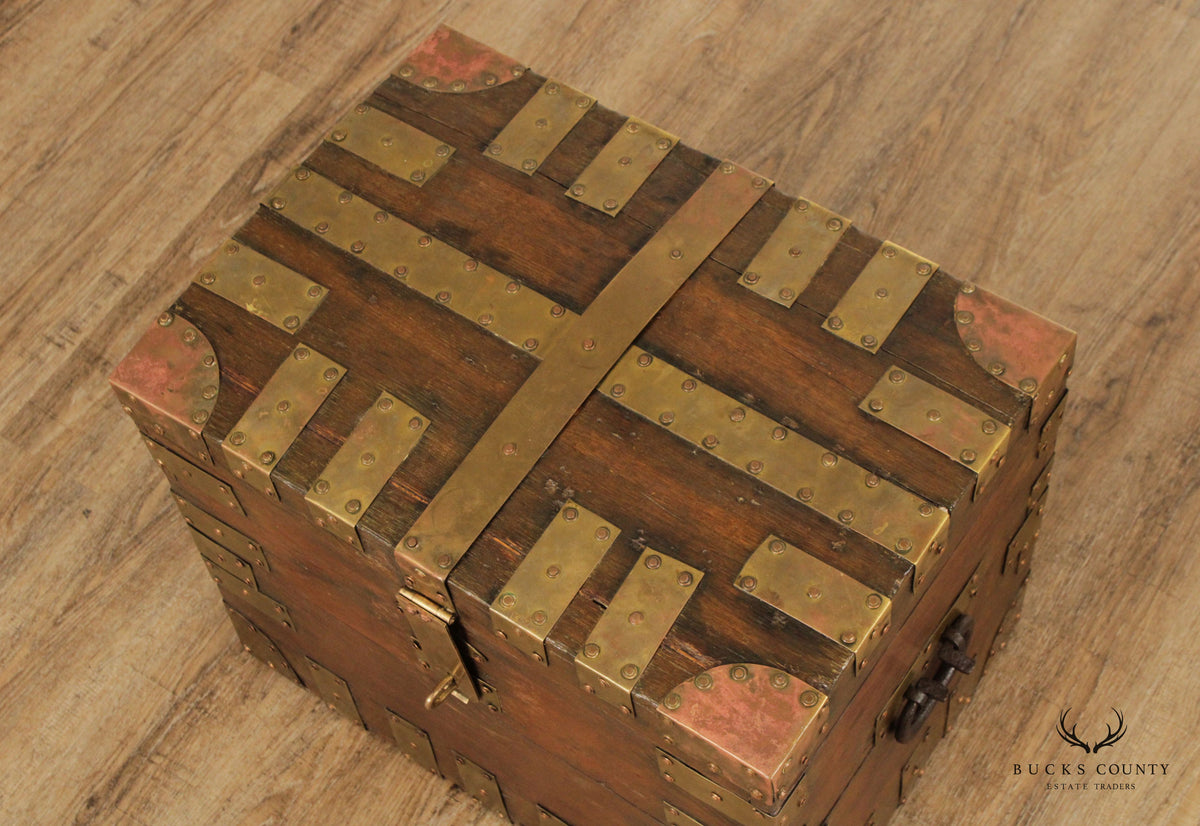 Antique Campaign Style Brass Strapped Trunk Chest