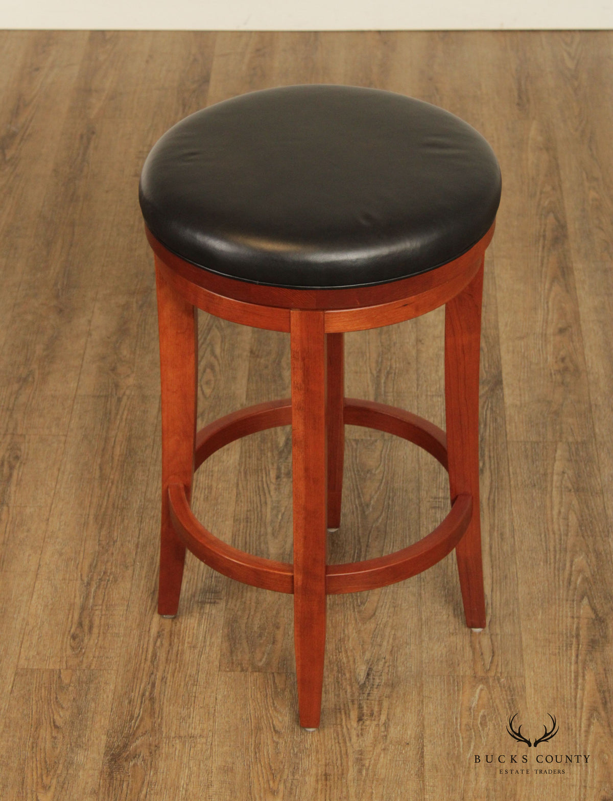 Zimmerman Chair Shop Pair of Leather Upholstered Cherry 'Milano' Swivel Bar Stools