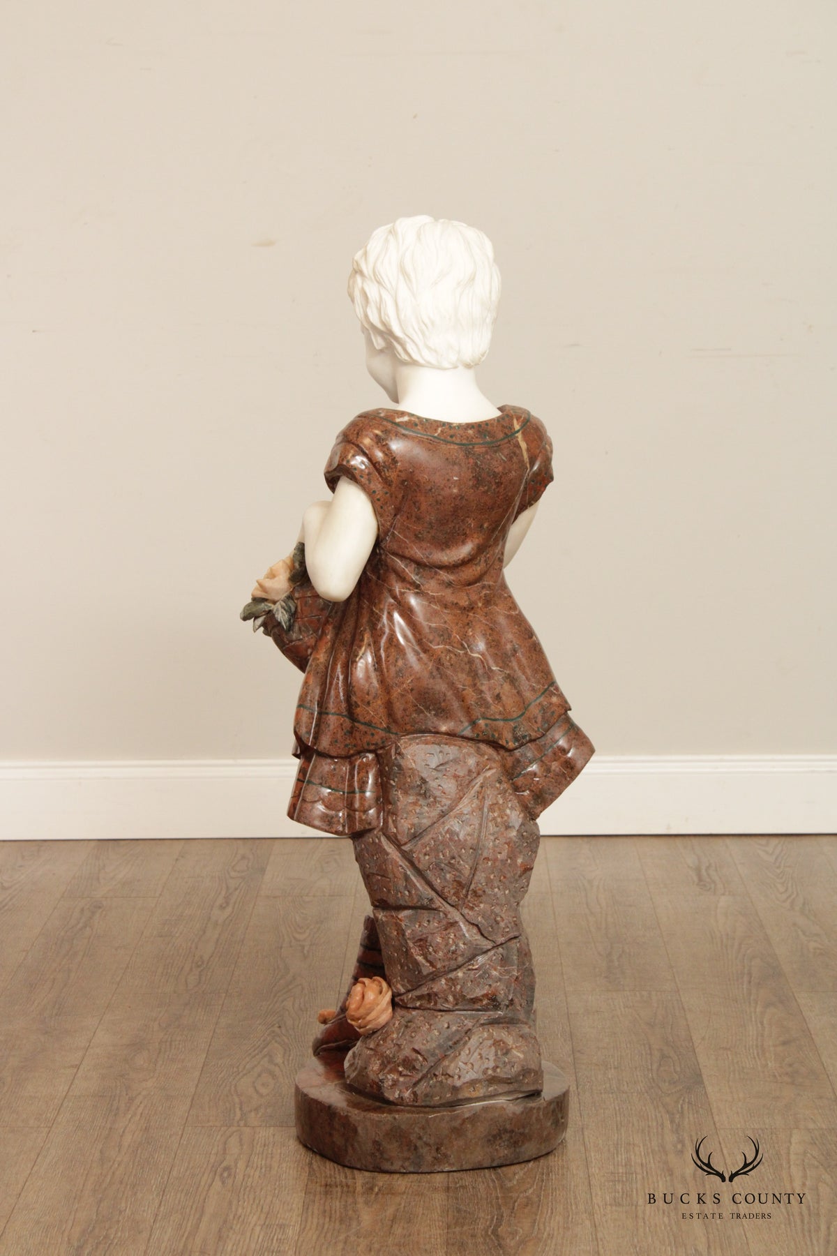 Figural Girl with Flowers Carved Marble Life-Size Statue