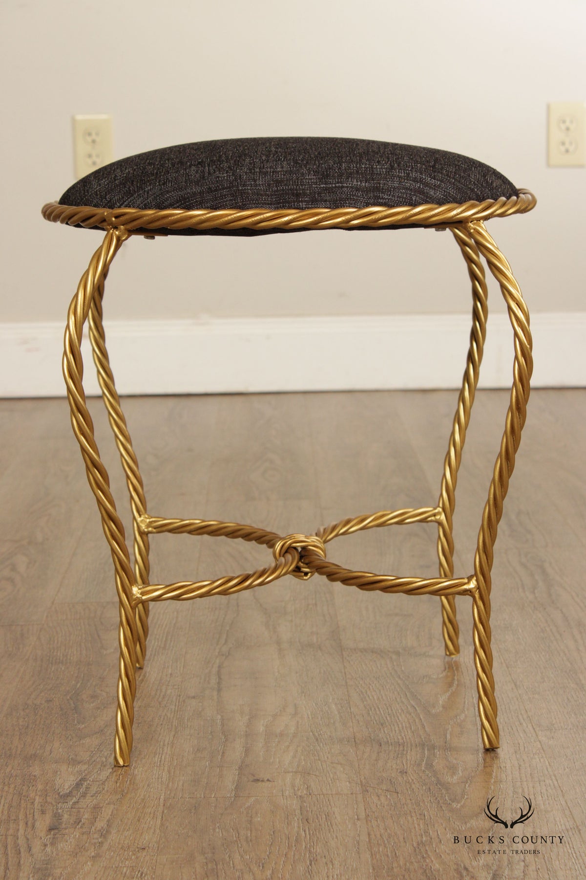 Hollywood Regency Pair of Gilt Metal Rope Twist Stools