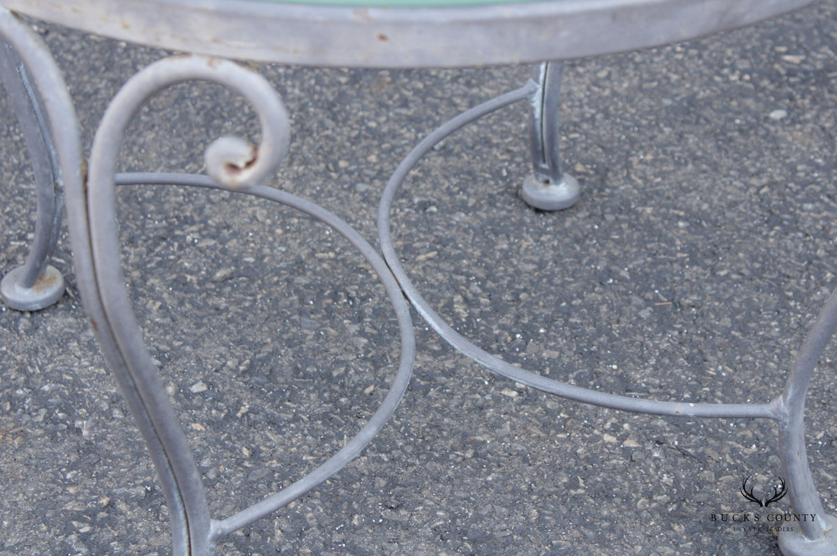 French Style Vintage Scrolled Wrought Iron Round Glass Top Outdoor Cocktail Table