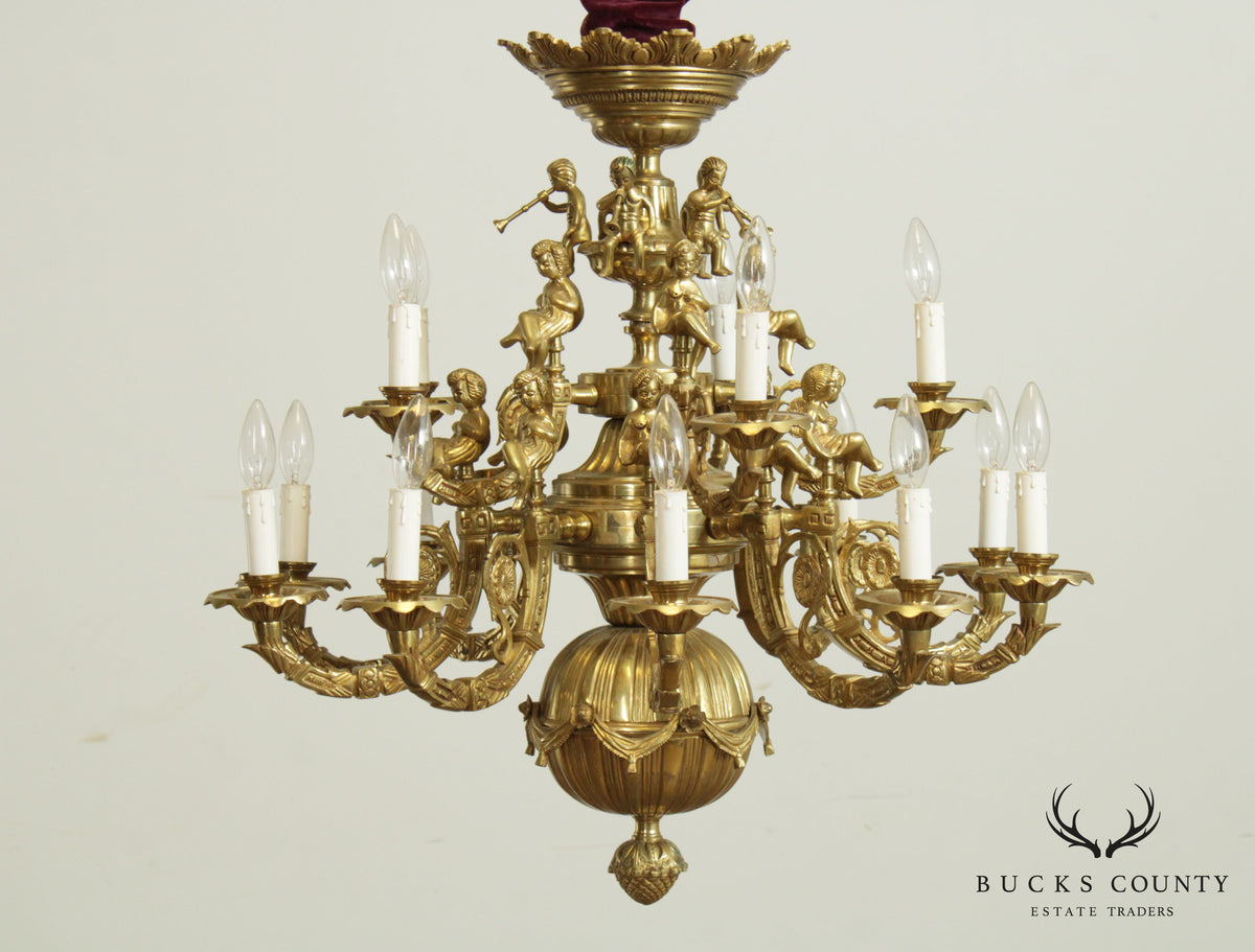 Vintage Rococo Style Heavy Brass Figural Putti Chandelier